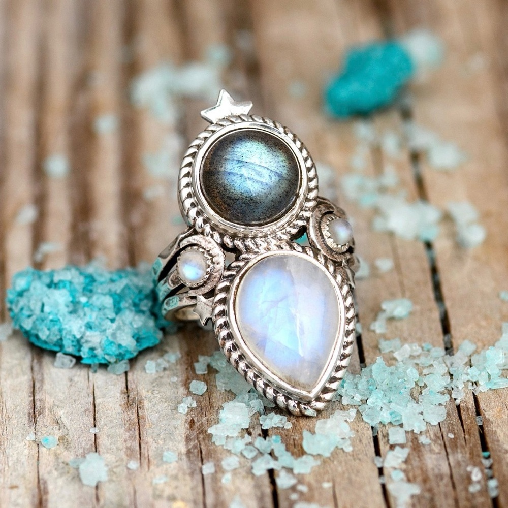 Boho Sterling Silver Labradorite and Moonstone Ring Size 10